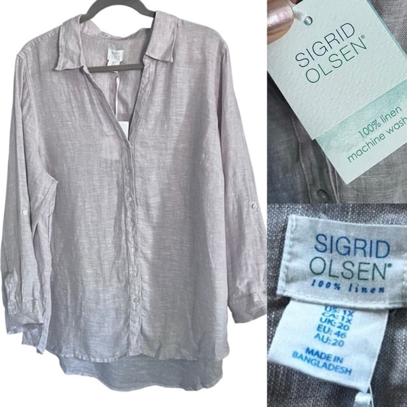 NWT Sigrid Olsen 100% Linen Light Purple Button Down Short size 1X - Picture 1 of 11